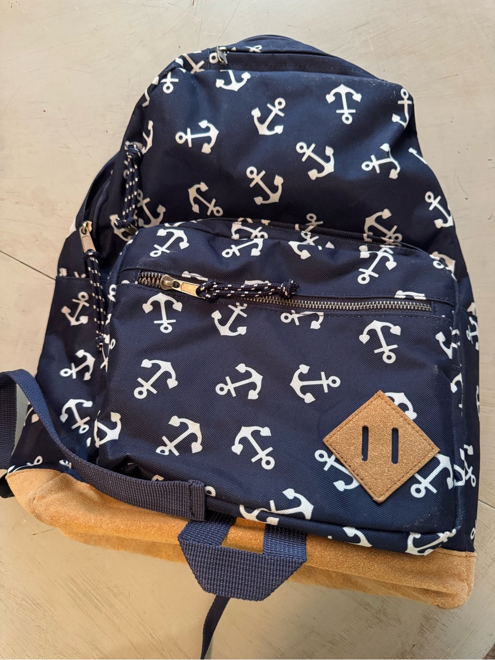 Navy Anchor Print Backpack with Tan Suede Base